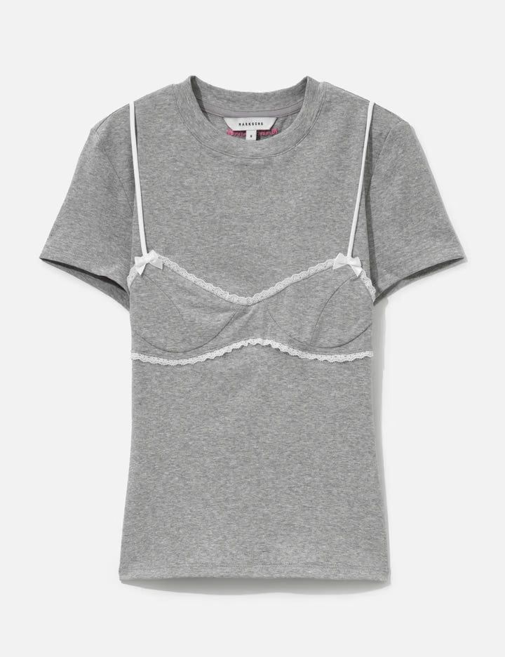 Grey Lace-Trim Bralette Detail T-Shirt