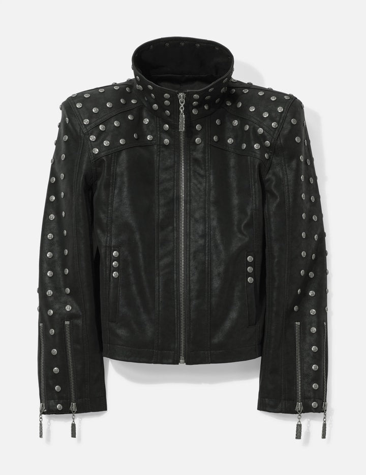 Chan Studded PU Leather Jacket with Shoulder Pads