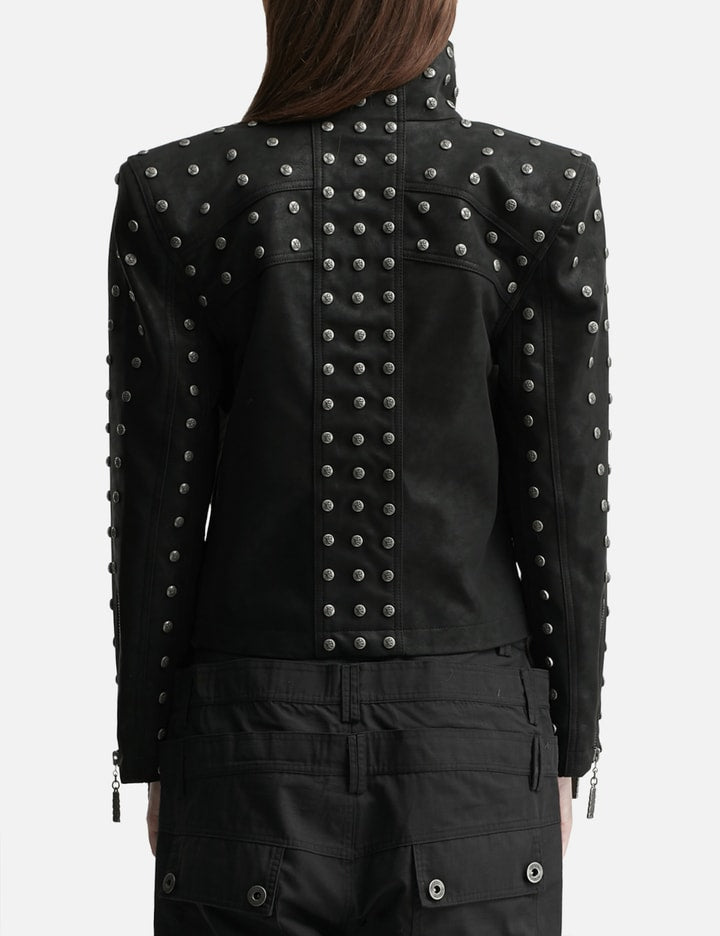 Chan Studded PU Leather Jacket with Shoulder Pads