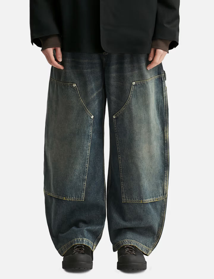 Vintage Dyed Selvedge Denim Double Knee Curved Worker Pants