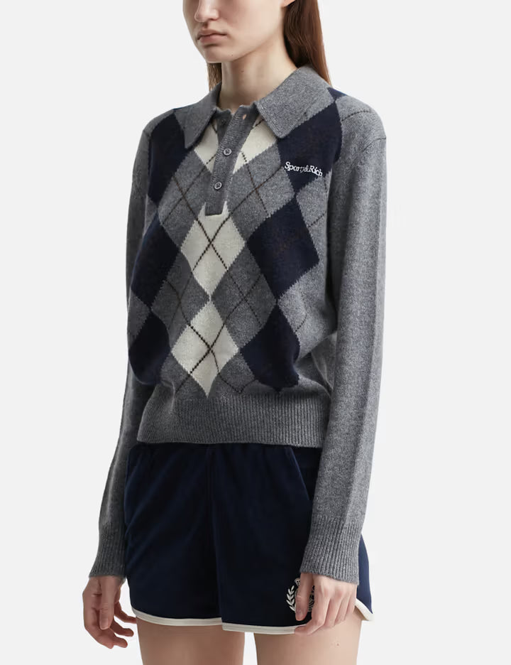 Serif Logo Argyle Cashmere Polo
