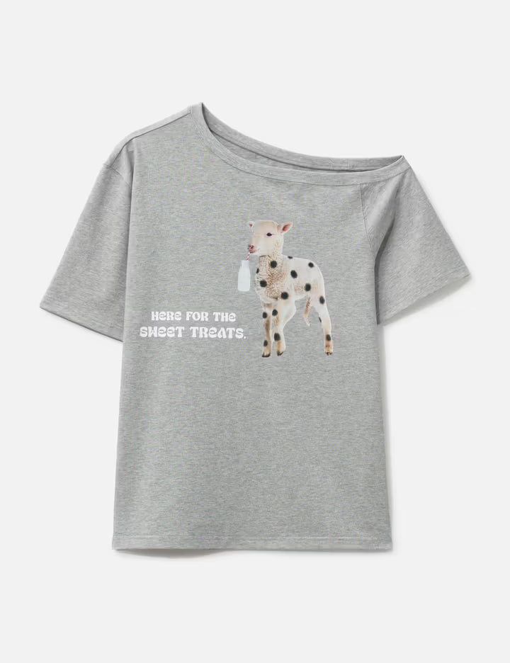 Off-Shoulder Short Sleeve T-Shirt With Sweet Treat Sheep Print