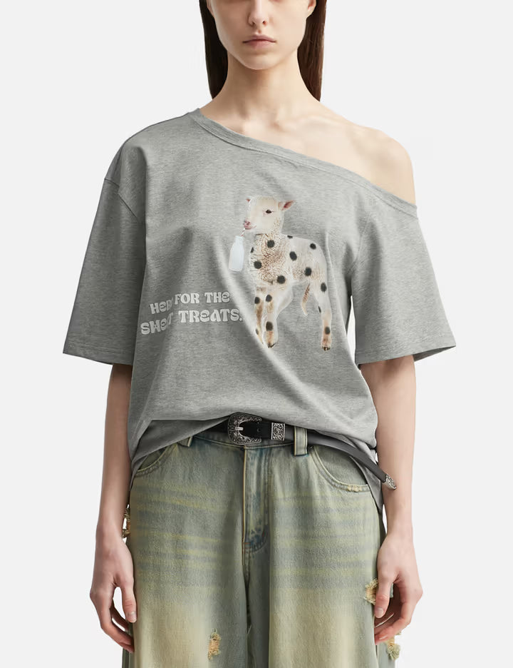 Off-Shoulder Short Sleeve T-Shirt With Sweet Treat Sheep Print