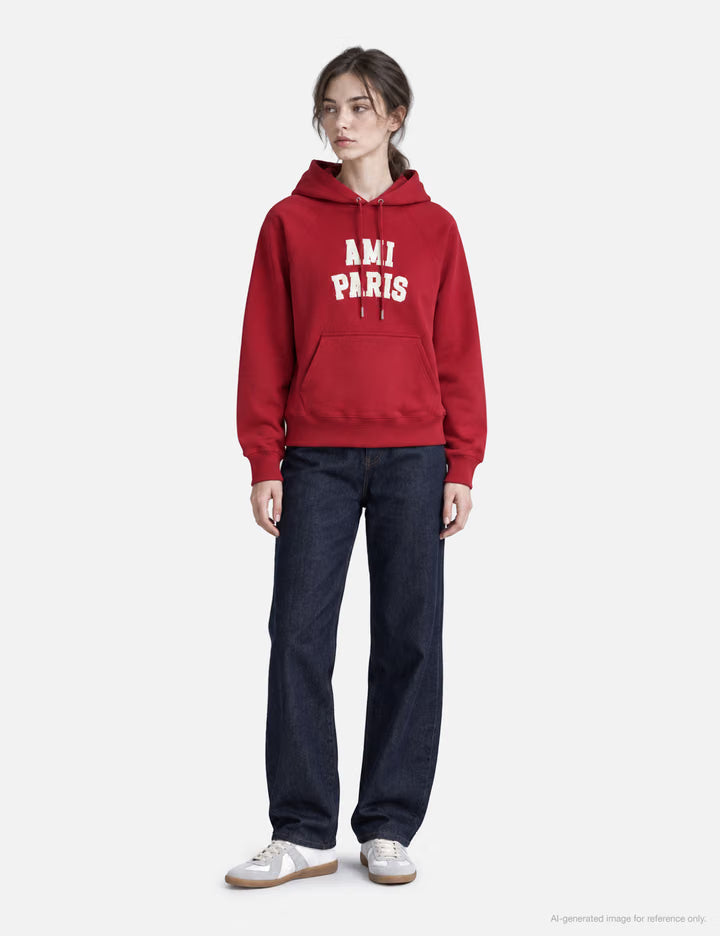 Red Cotton Hoodie With Ami Paris Embroidery