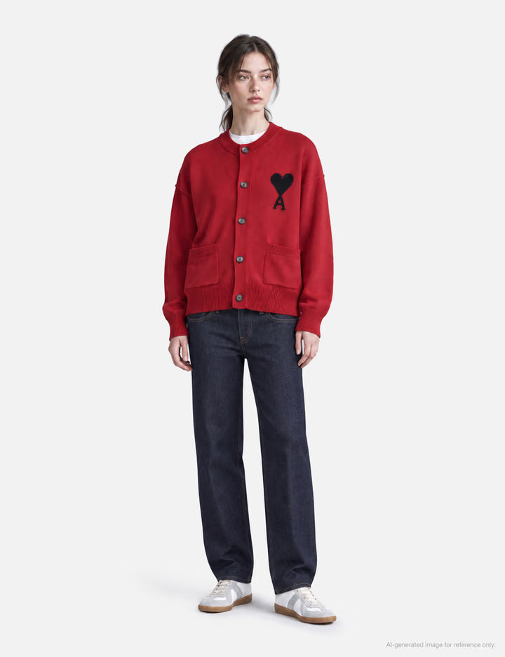 Red Crewneck Wool Cardigan With Ami De Coeur