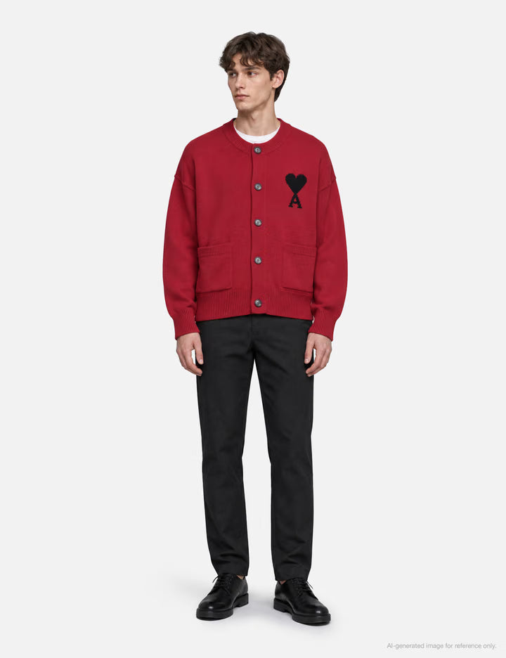 Red Crewneck Wool Cardigan With Ami De Coeur