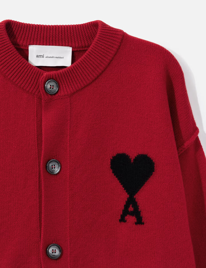 Red Crewneck Wool Cardigan With Ami De Coeur