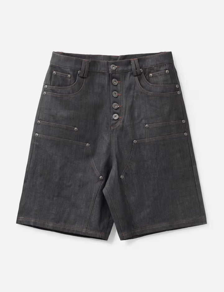 "Rexel" Waxed Double Knee Work Jorts In Japanese Raw Blue Denim