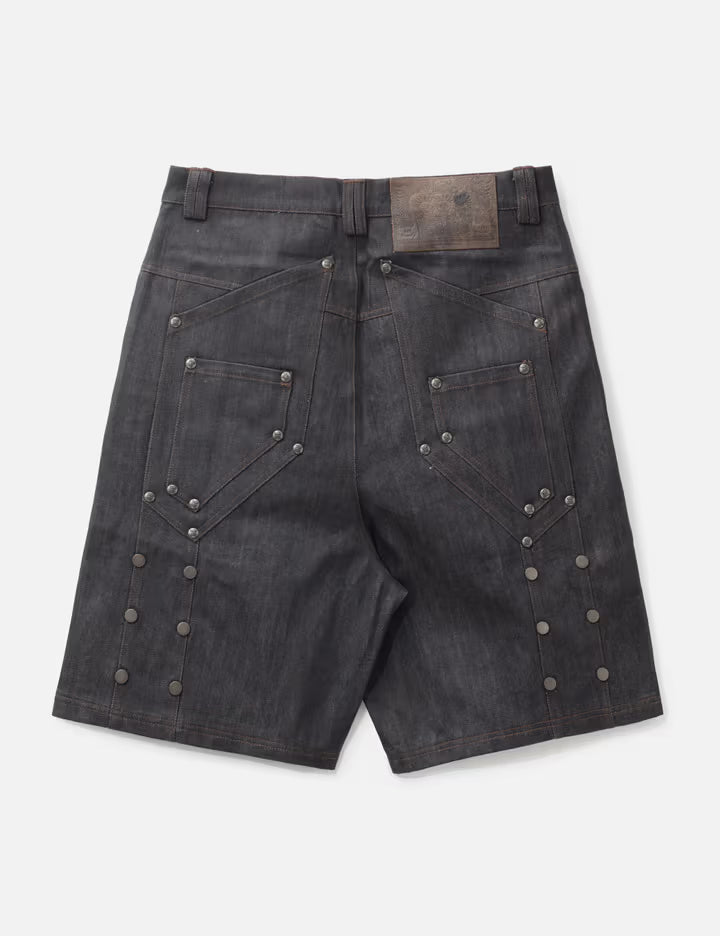 "Rexel" Waxed Double Knee Work Jorts In Japanese Raw Blue Denim