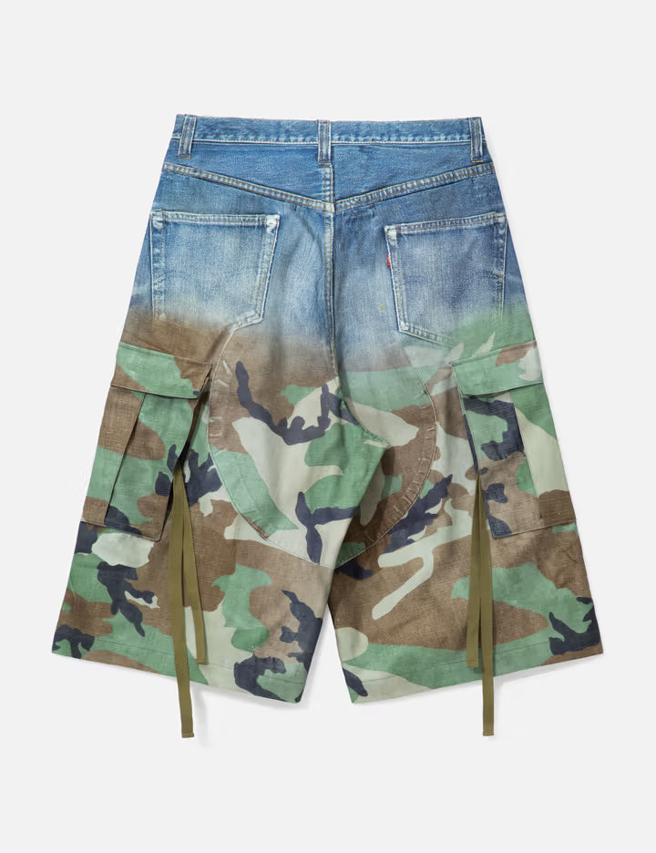 Gradation Printed Denim Cargo Shorts