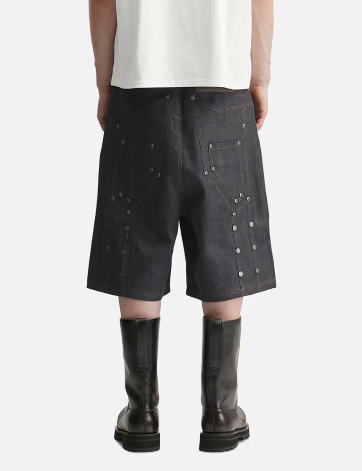 "Rexel" Waxed Double Knee Work Jorts In Japanese Raw Blue Denim