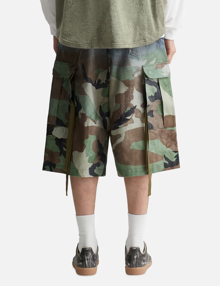 Gradation Printed Denim Cargo Shorts