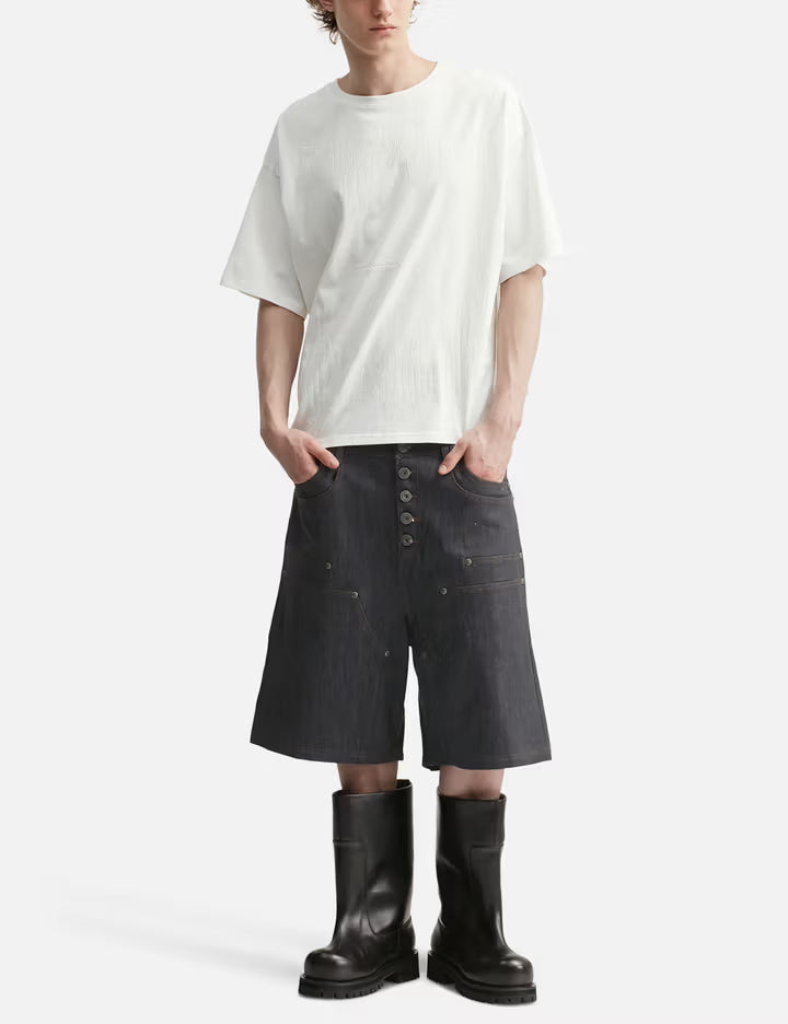 "Rexel" Waxed Double Knee Work Jorts In Japanese Raw Blue Denim