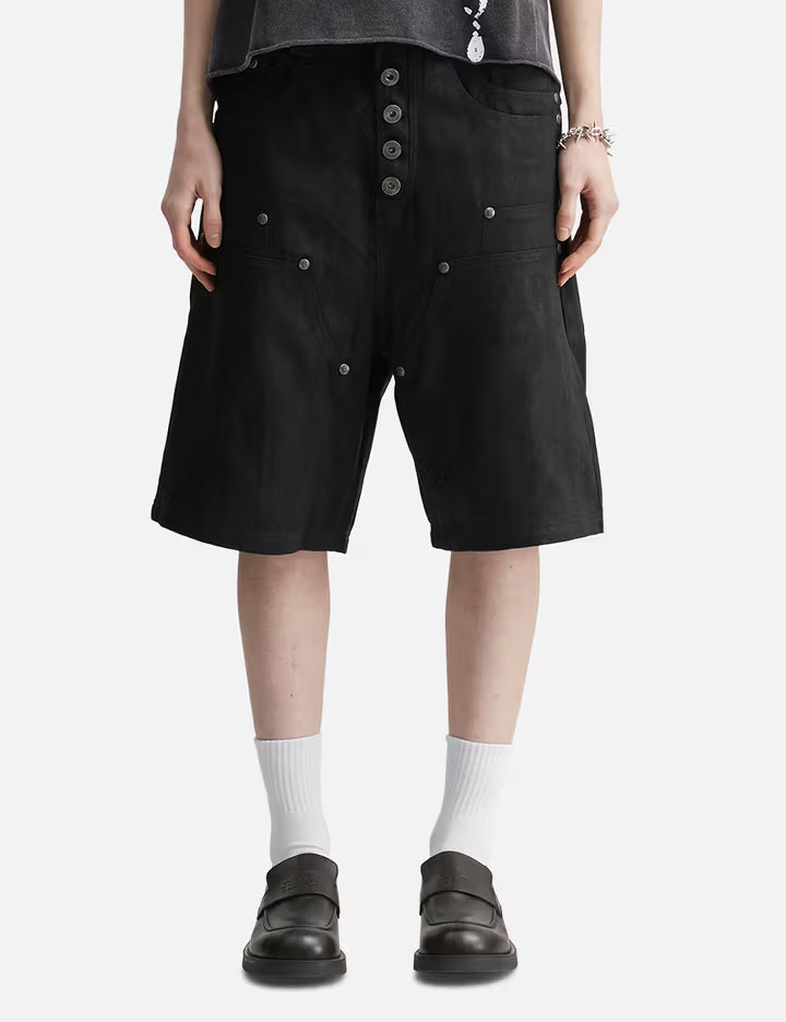 "Rexel" Waxed Double Knee Work Jorts In Black Denim