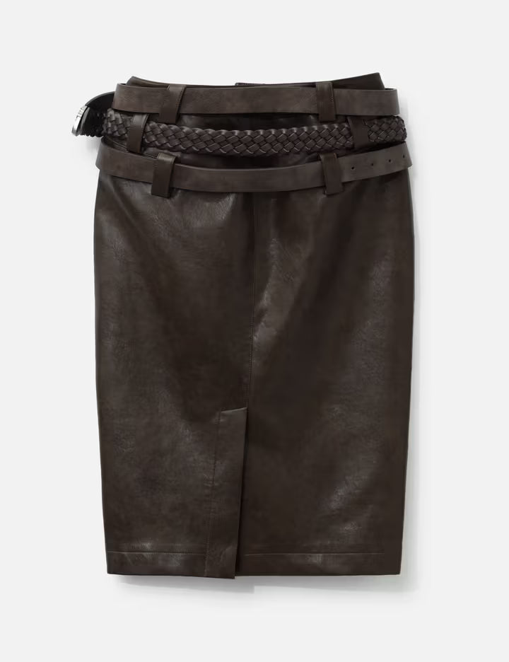 Brown Faux Leather Pencil Skirt With Detachable Belts