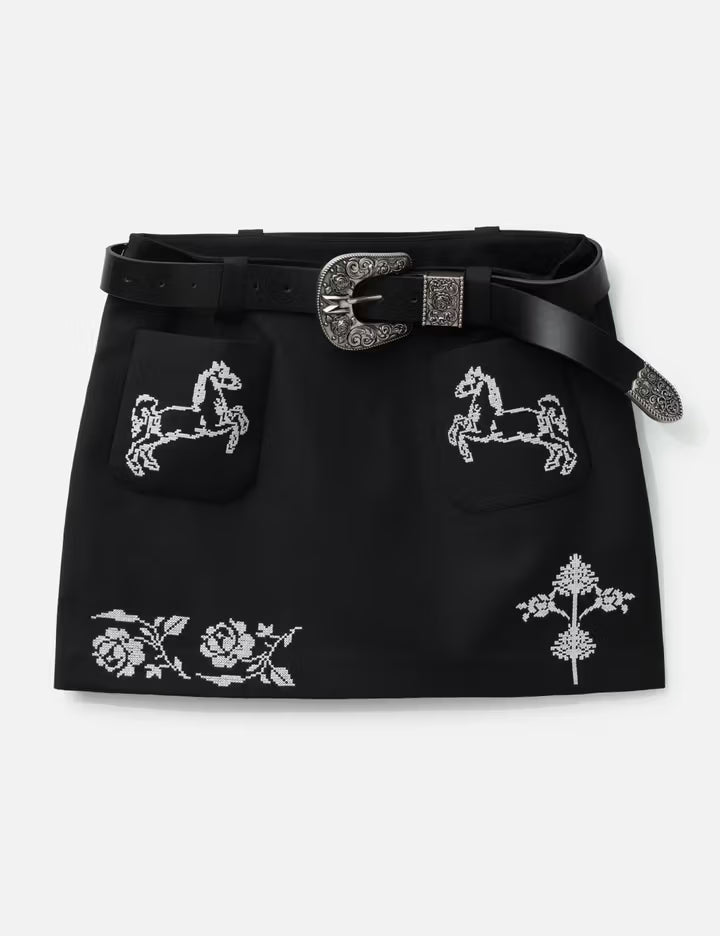 Black Cross Stitch Embroidered Skirt With Detachable Belt