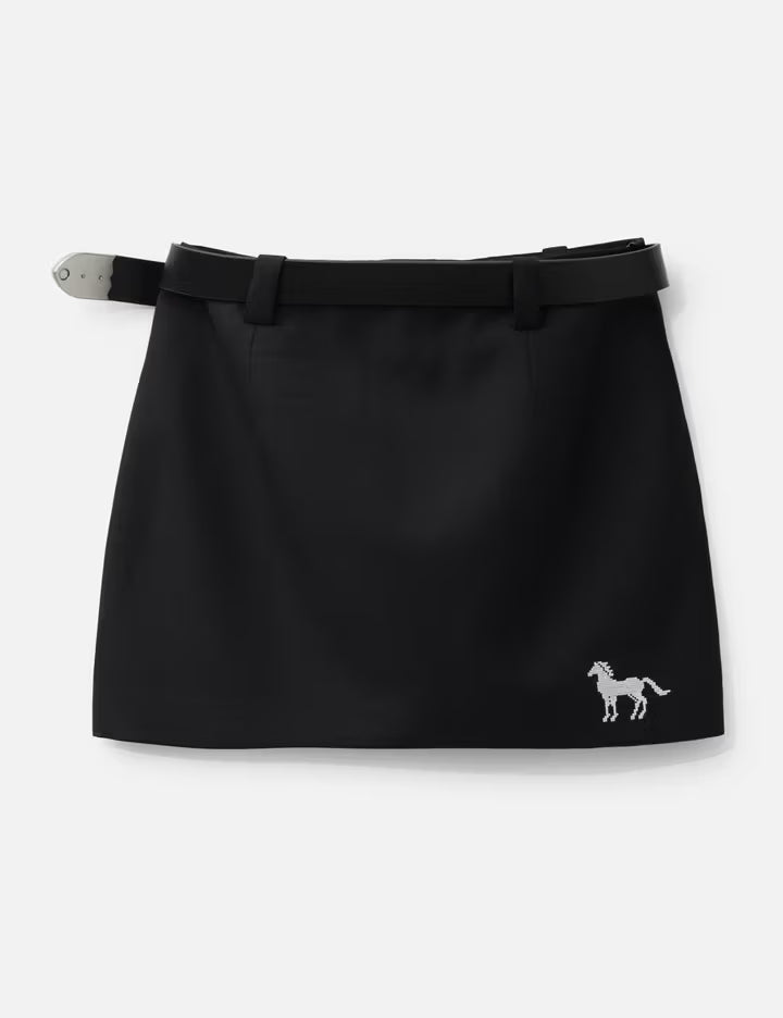 Black Cross Stitch Embroidered Skirt With Detachable Belt