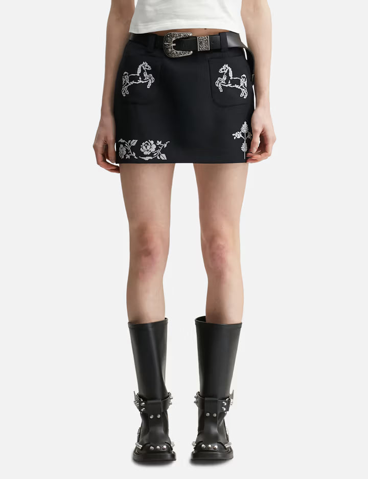 Black Cross Stitch Embroidered Skirt With Detachable Belt