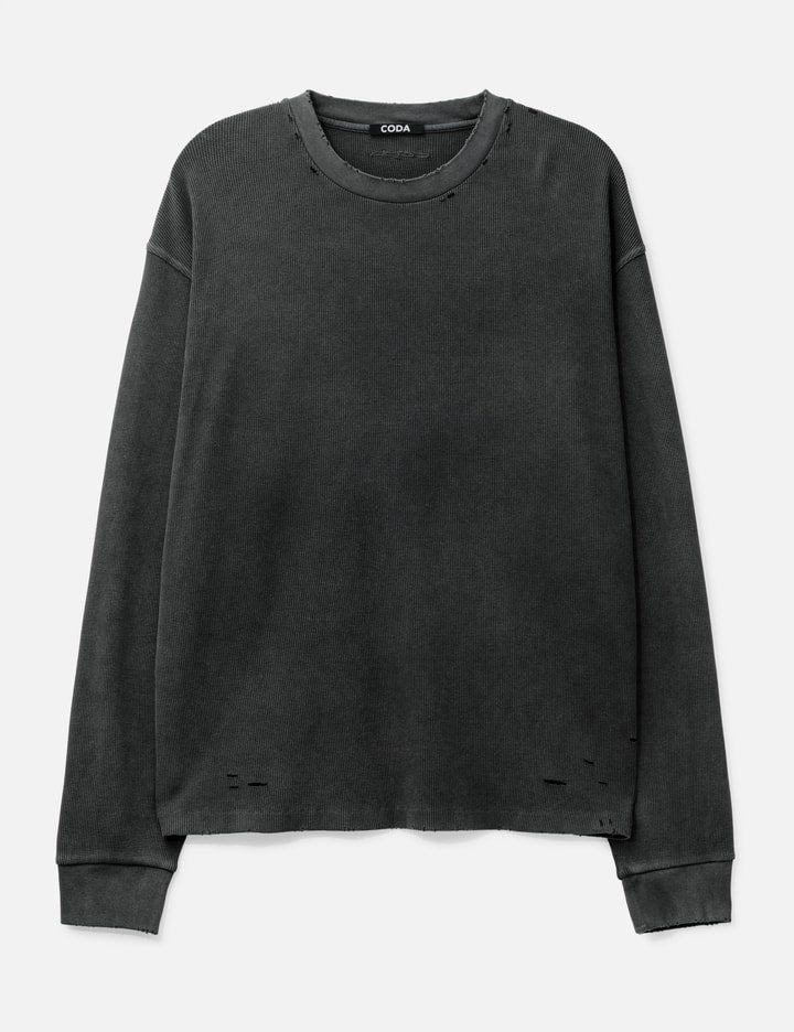 Faded Black Aging Damaged Long Sleeve Waffle Tops