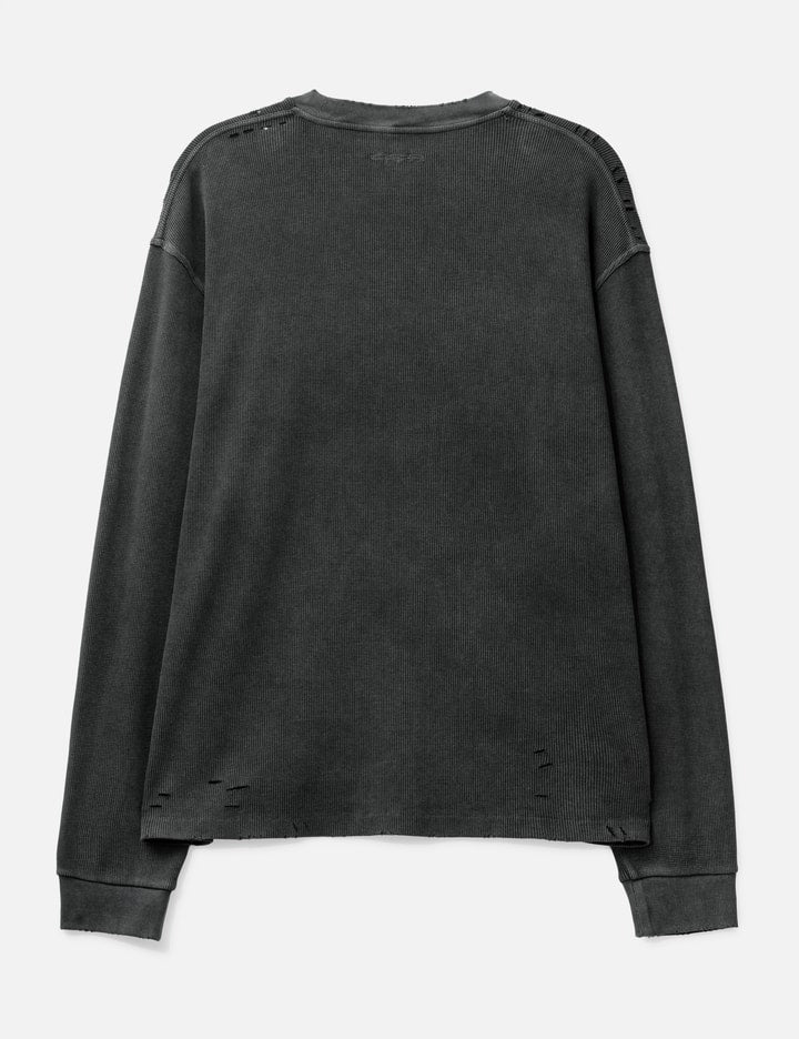 Faded Black Aging Damaged Long Sleeve Waffle Tops