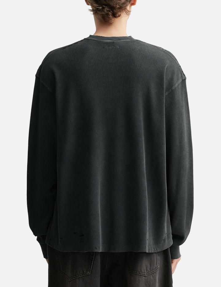 Faded Black Aging Damaged Long Sleeve Waffle Tops