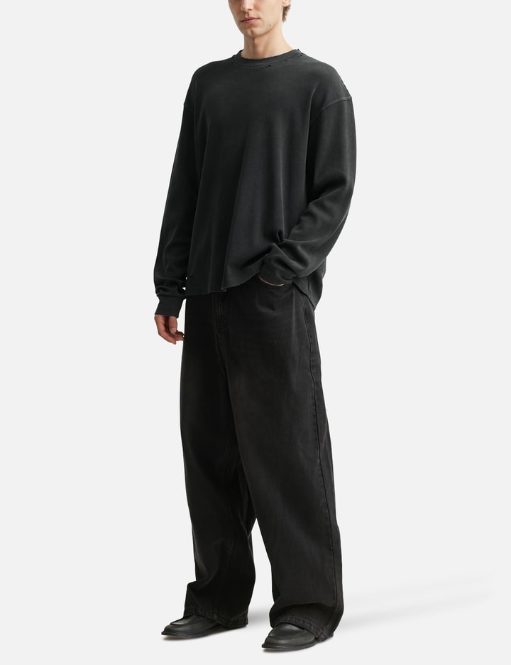 Faded Black Aging Damaged Long Sleeve Waffle Tops