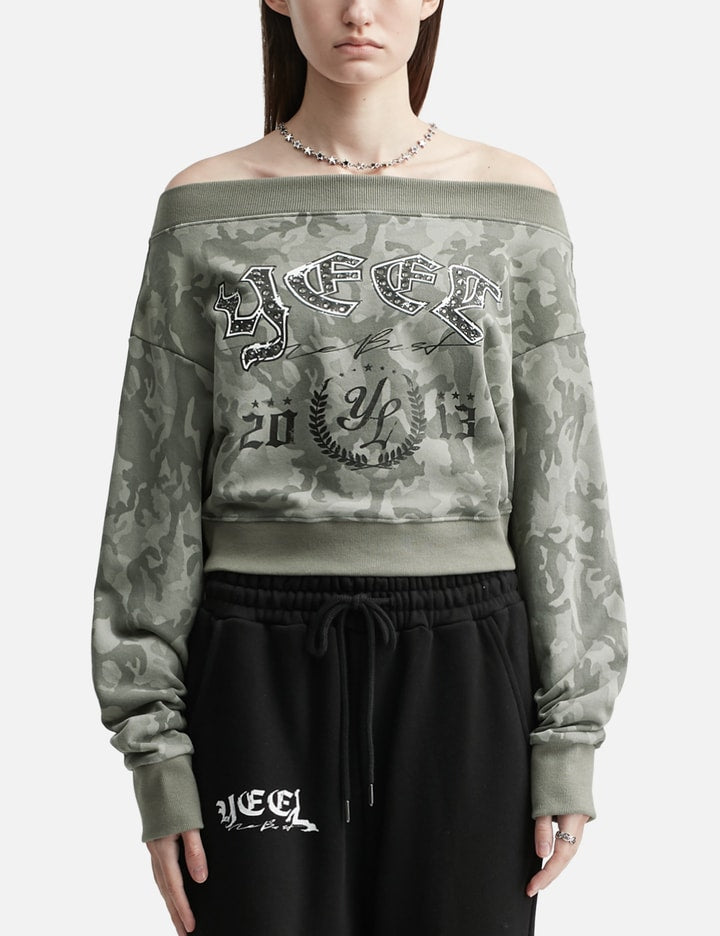 Graphic Off-shoulder Cropped Top Camo