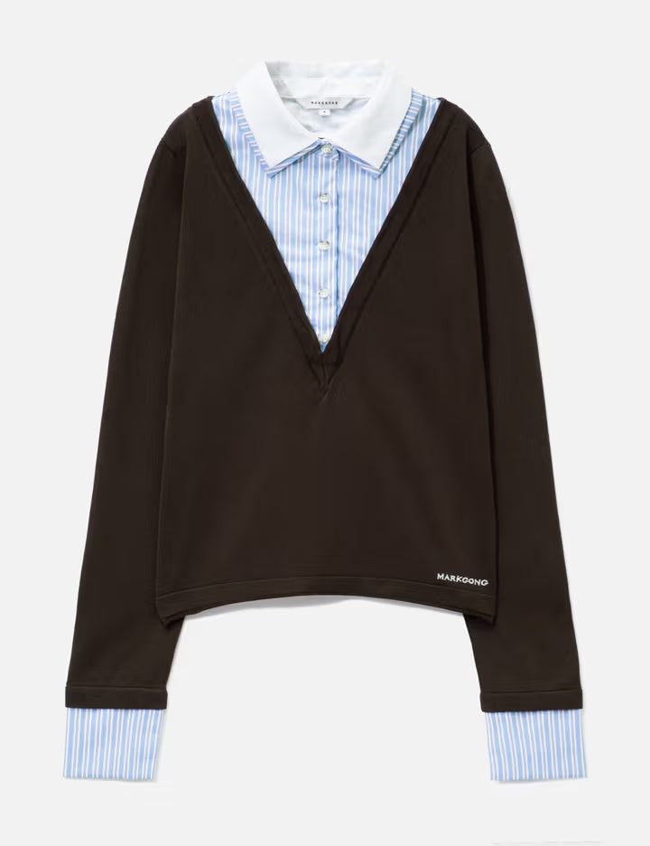 Brown Long-Sleeve Knit Top With Multi-Layer Collar