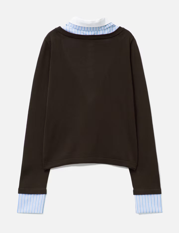 Brown Long-Sleeve Knit Top With Multi-Layer Collar