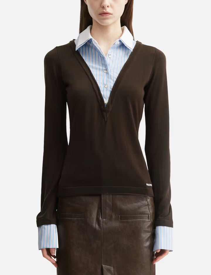 Brown Long-Sleeve Knit Top With Multi-Layer Collar