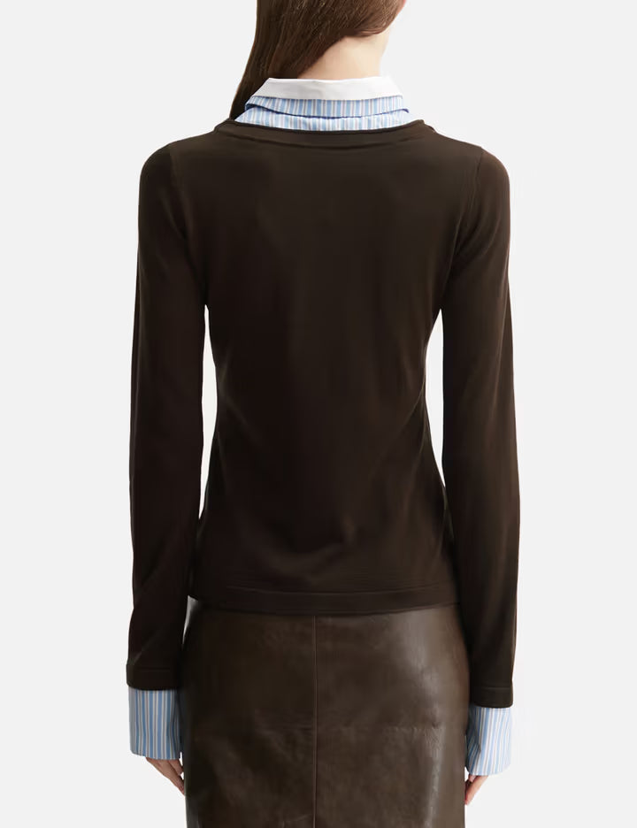 Brown Long-Sleeve Knit Top With Multi-Layer Collar