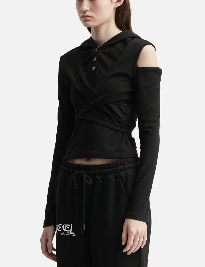 Strap Hooded Long Sleeve Top Black