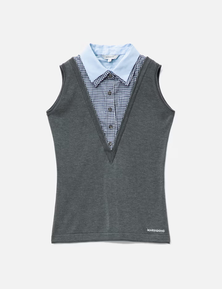 Grey Sleeveless Knit Top With Multi-Layer Collar