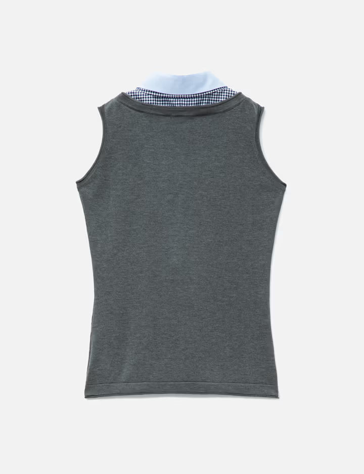 Grey Sleeveless Knit Top With Multi-Layer Collar