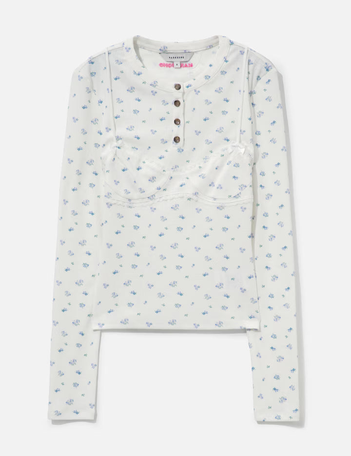 White Floral Print Lace-Trim Bralette Detail Long Sleeve Henley Shirt