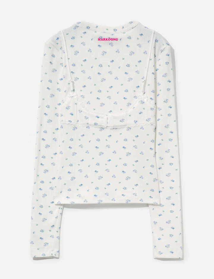 White Floral Print Lace-Trim Bralette Detail Long Sleeve Henley Shirt