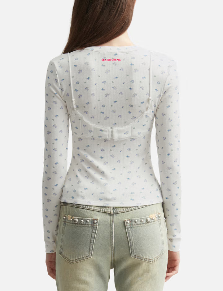 White Floral Print Lace-Trim Bralette Detail Long Sleeve Henley Shirt