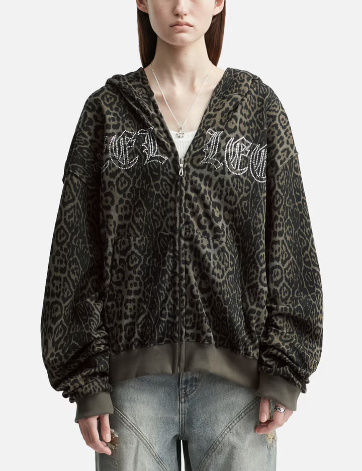 Studded Zip-Up Hoodie Oversized Leopard