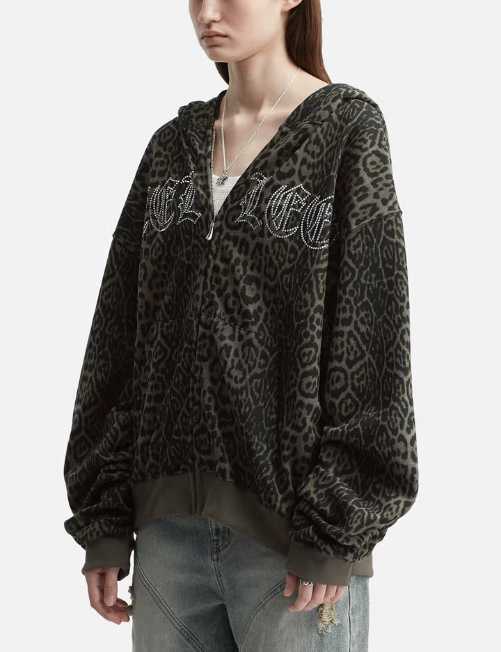 Studded Zip-Up Hoodie Oversized Leopard