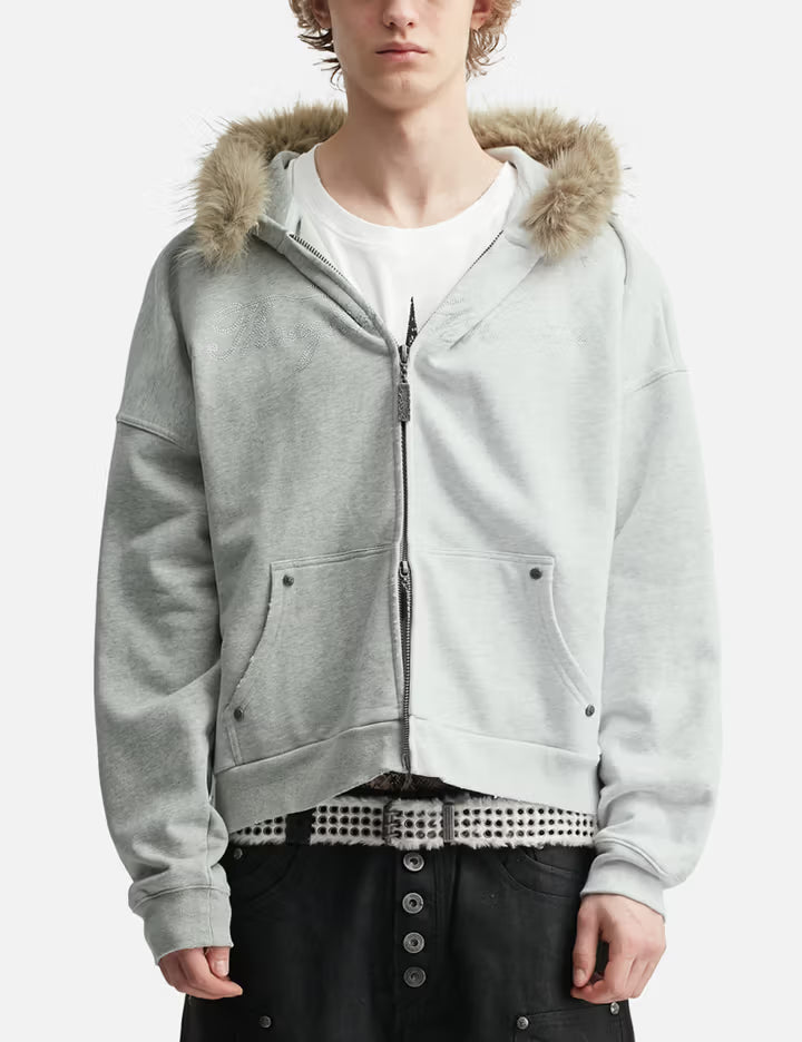 "Nyra" Two-Toned Zip-Up Hoodie With Detachable Fur Trim Hood
