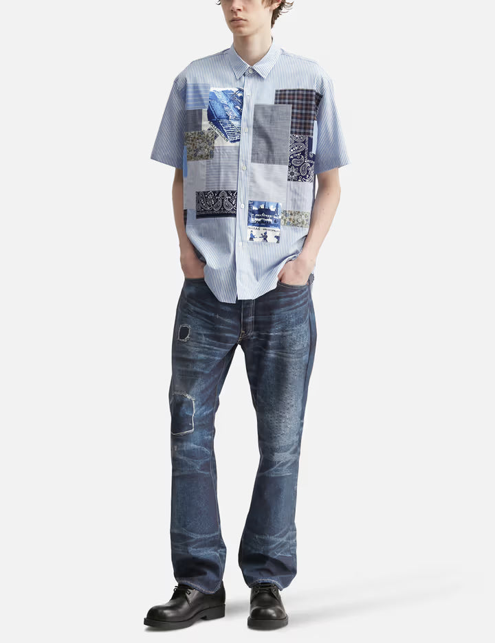 Striped Short Sleeve Shirt With Mix Fabric Patchwork