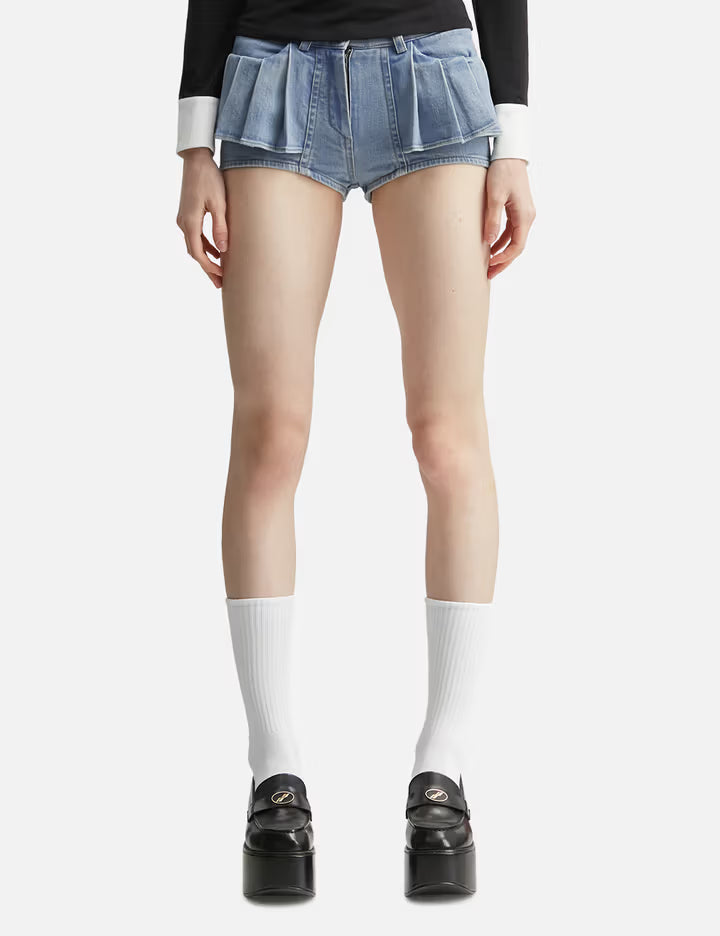 Pleats Washied Denim Shorts