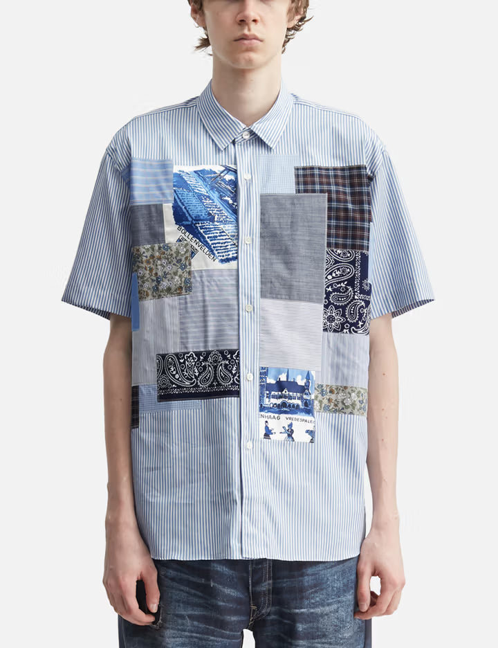 Striped Short Sleeve Shirt With Mix Fabric Patchwork