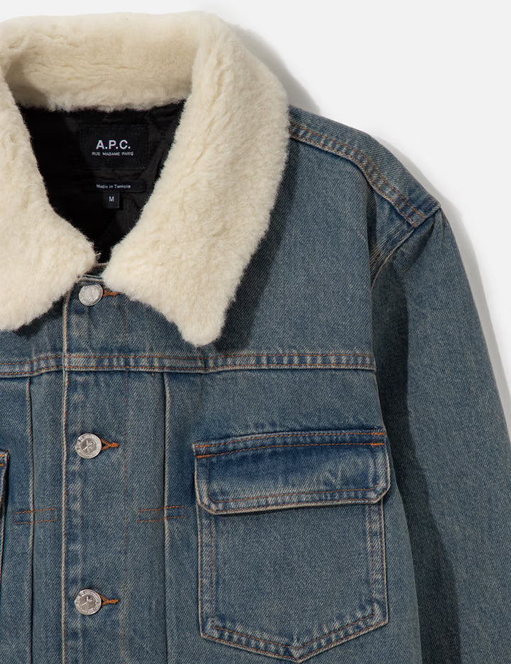 Faded Indigo Denim Jacket With Faux Shearling Collar