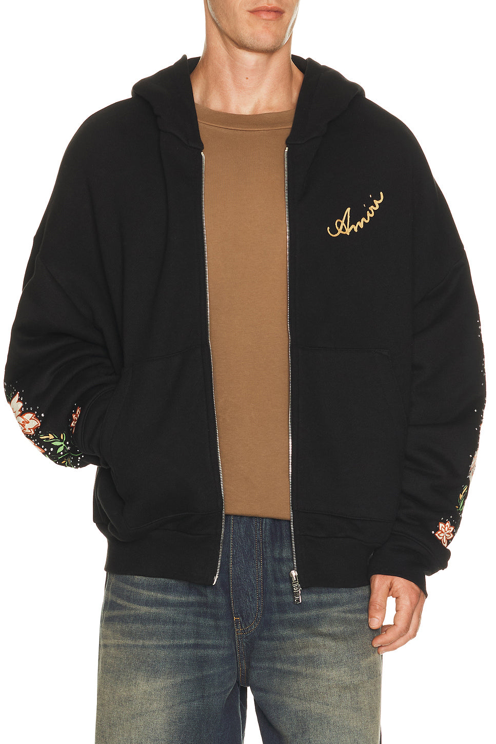 Floral Sleeve OS Zipped Hoodie