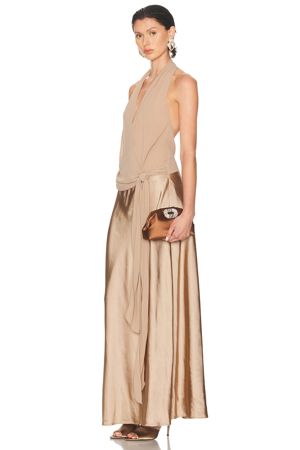 Camelia Satin Bag In Mocha & Silver