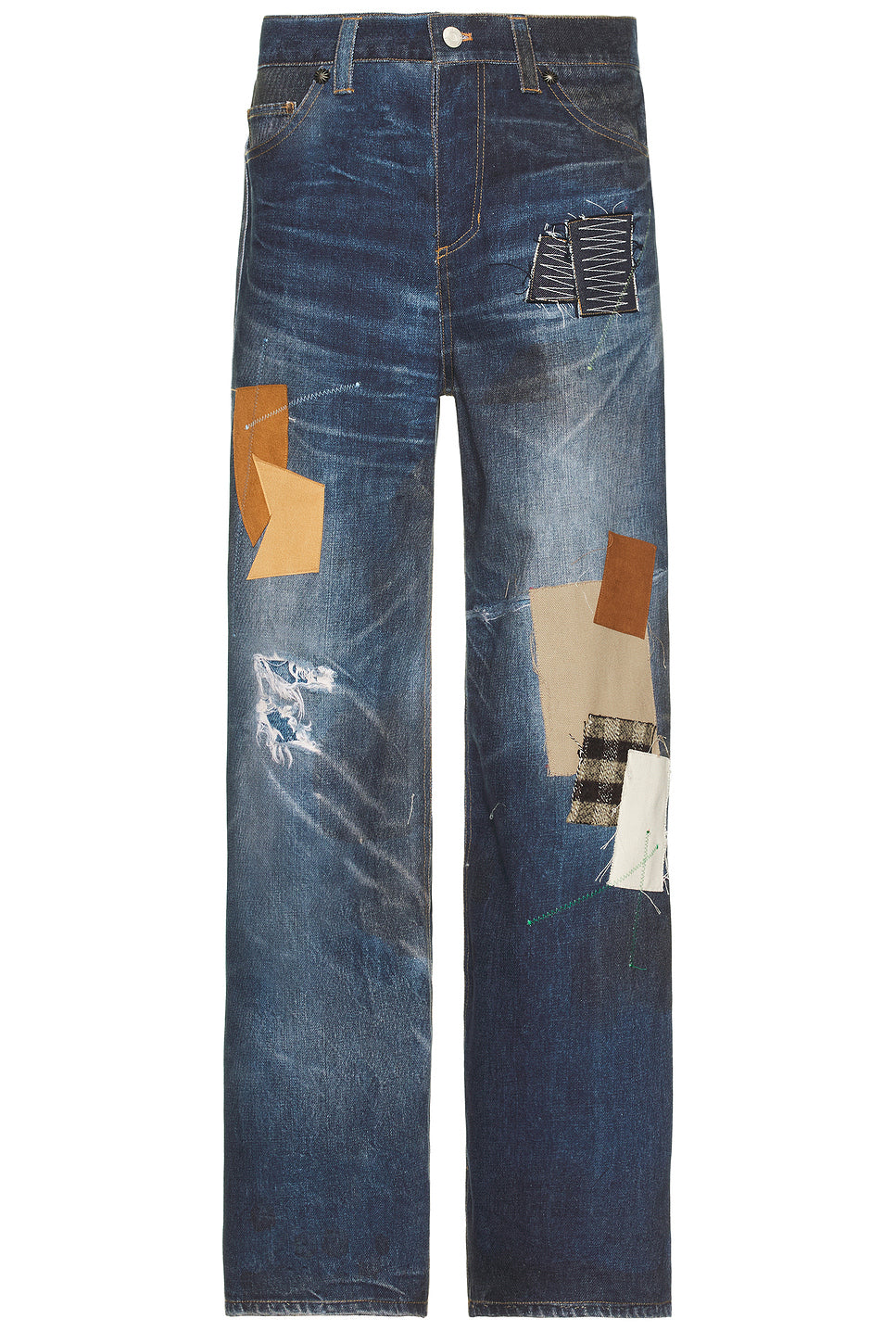 Unisex Patchwork Printed Denim Trompe L`Oeil Jeans