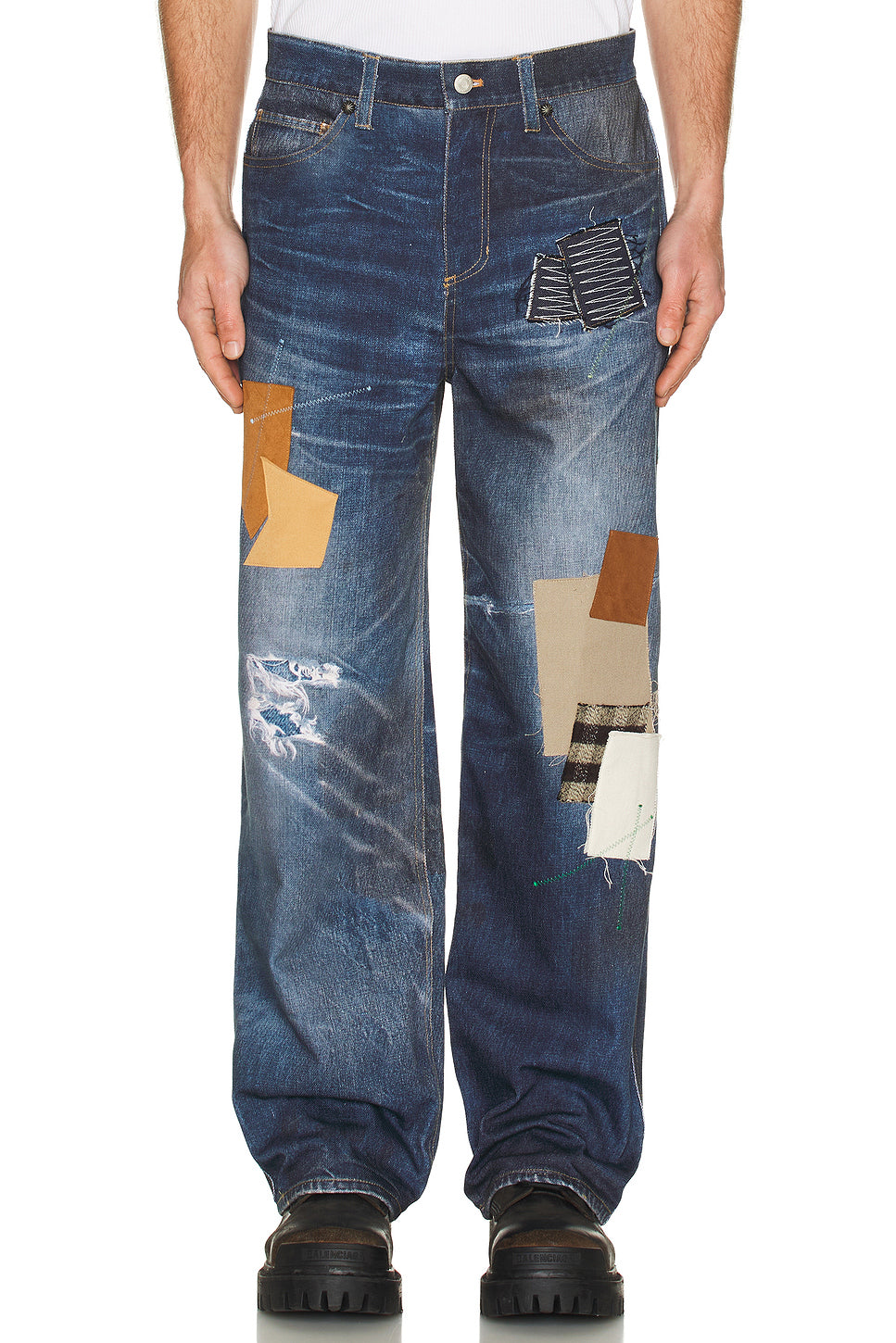 Unisex Patchwork Printed Denim Trompe L`Oeil Jeans