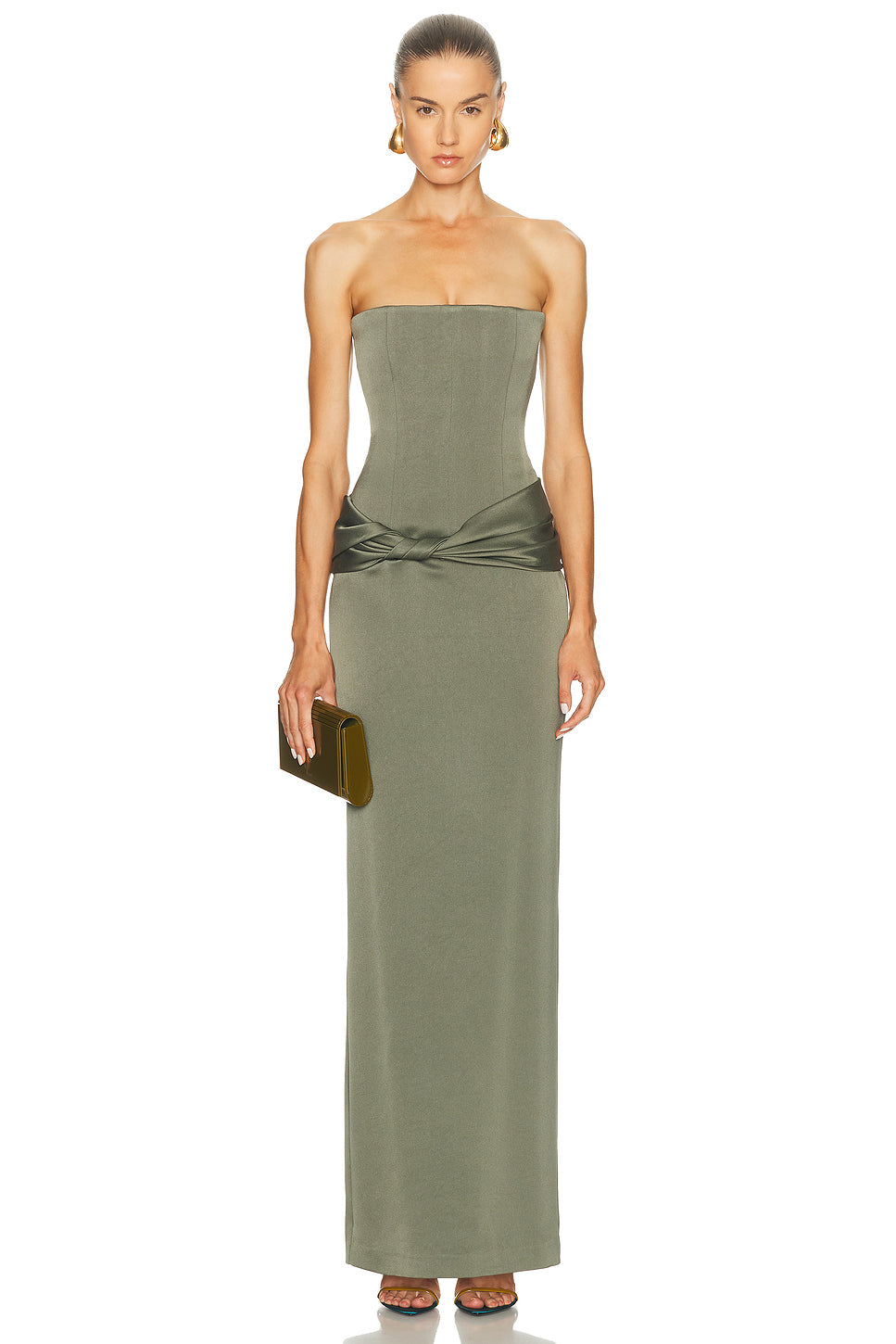 Strapless Longline Corset Twist Drape Column Dress