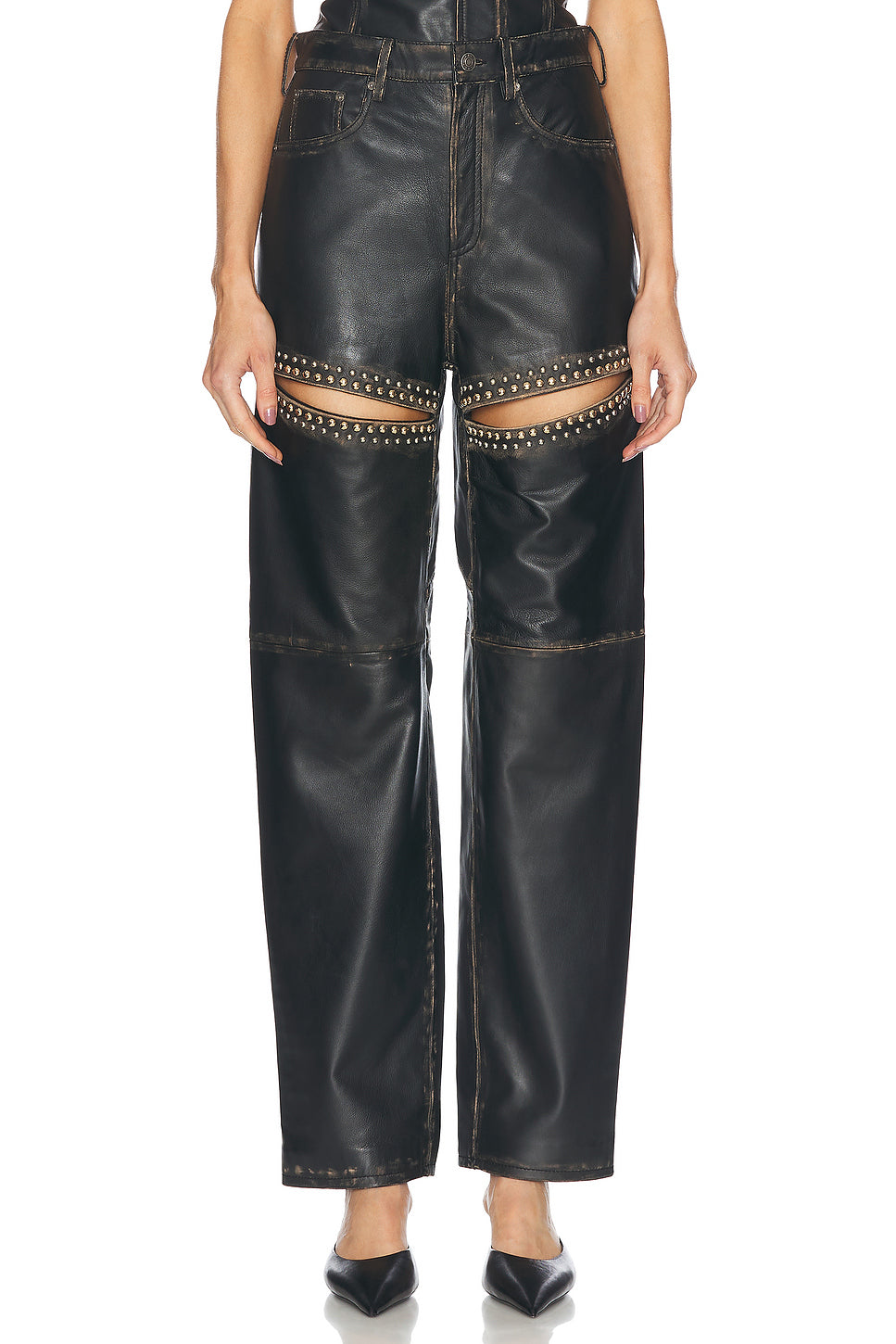 Studded Leather Slit Leg Pant